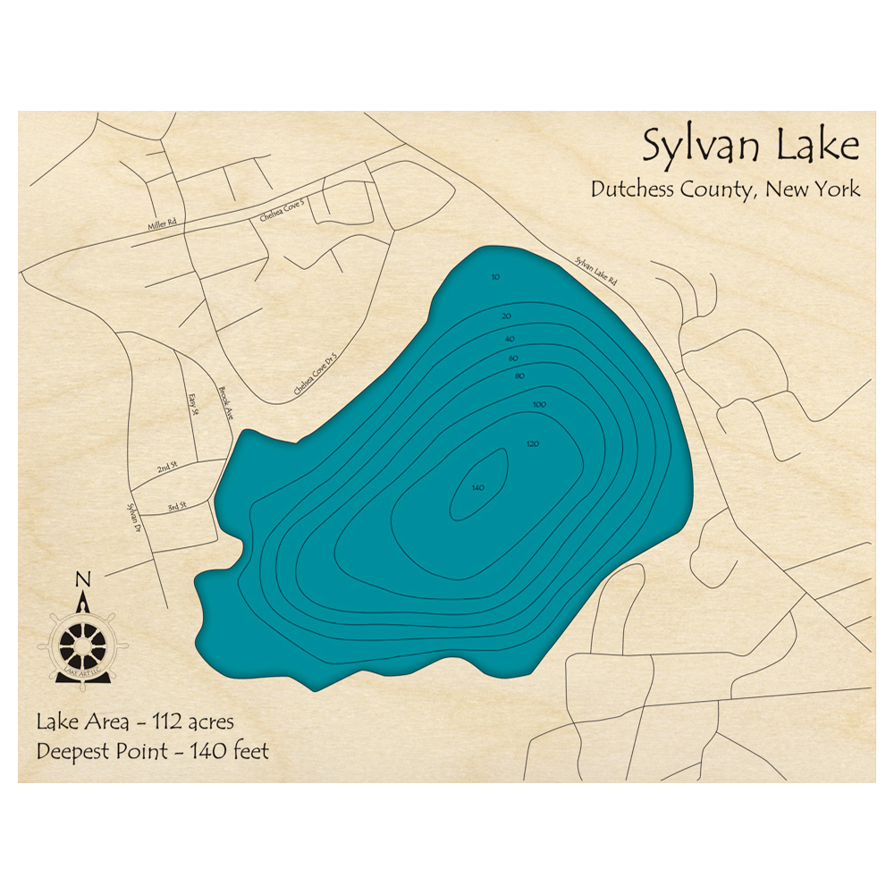 Bathymetric topo map of Sylvan Lake, NY with roads, towns and depths noted in blue water.