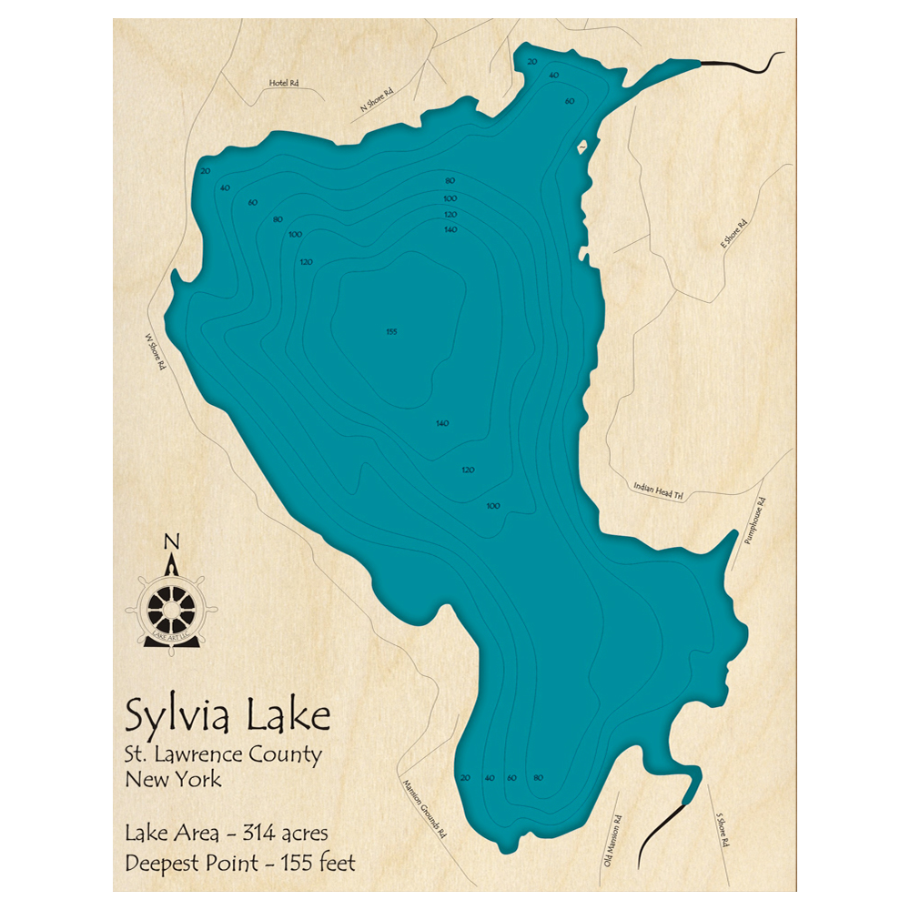 Bathymetric topo map of Sylvia Lake, NY with roads, towns and depths noted in blue water.