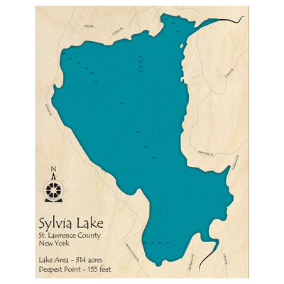 Bathymetric topo map of Sylvia Lake, NY with roads, towns and depths noted in blue water.