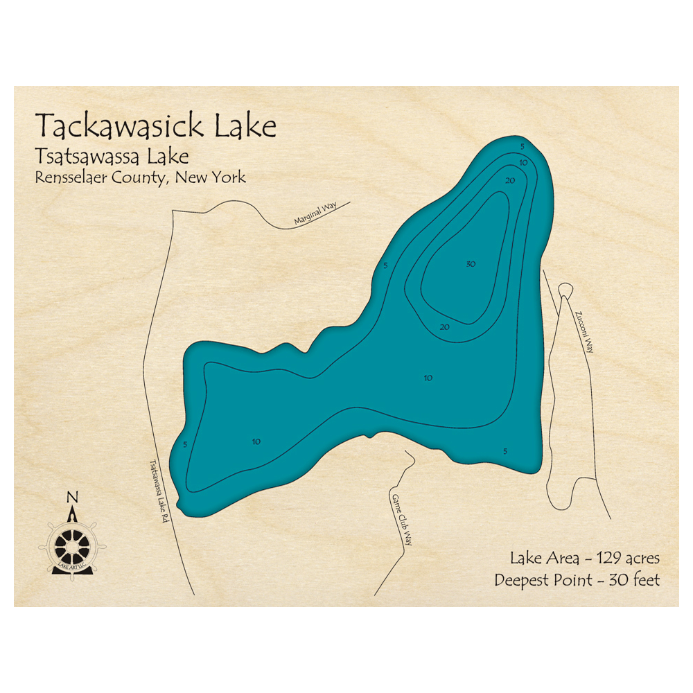 Bathymetric topo map of Tackawasick Lake, NY with roads, towns and depths noted in blue water.