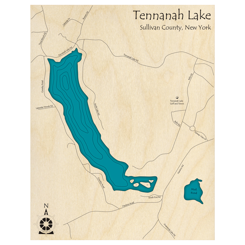 Bathymetric topo map of Tennanah Lake, NY with roads, towns and depths noted in blue water.