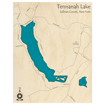 Bathymetric topo map of Tennanah Lake, NY with roads, towns and depths noted in blue water.