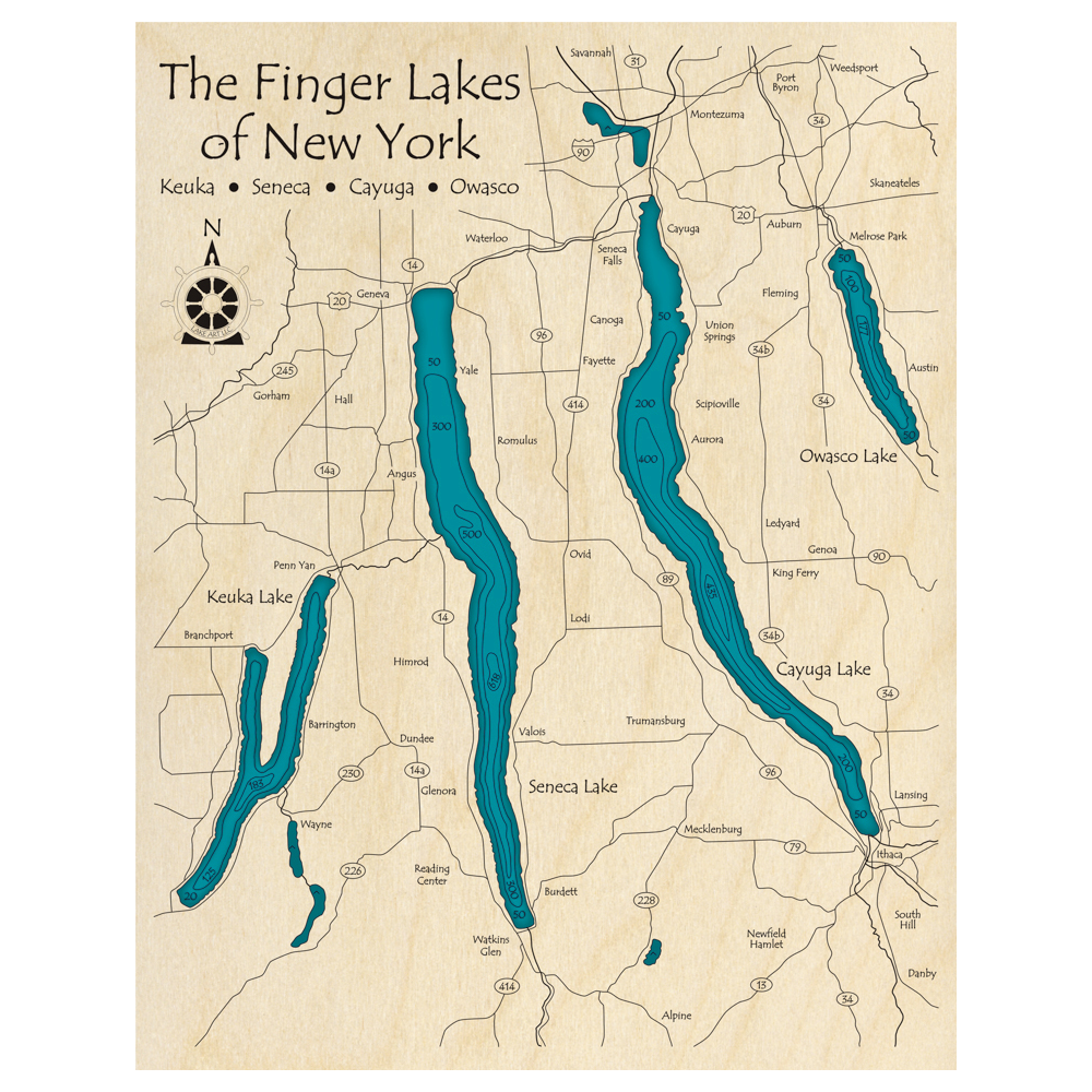 Bathymetric topo map of The Finger Lakes ZOOMED IN, NY with roads, towns and depths noted in blue water.