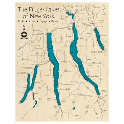 Bathymetric topo map of The Finger Lakes ZOOMED IN, NY with roads, towns and depths noted in blue water.