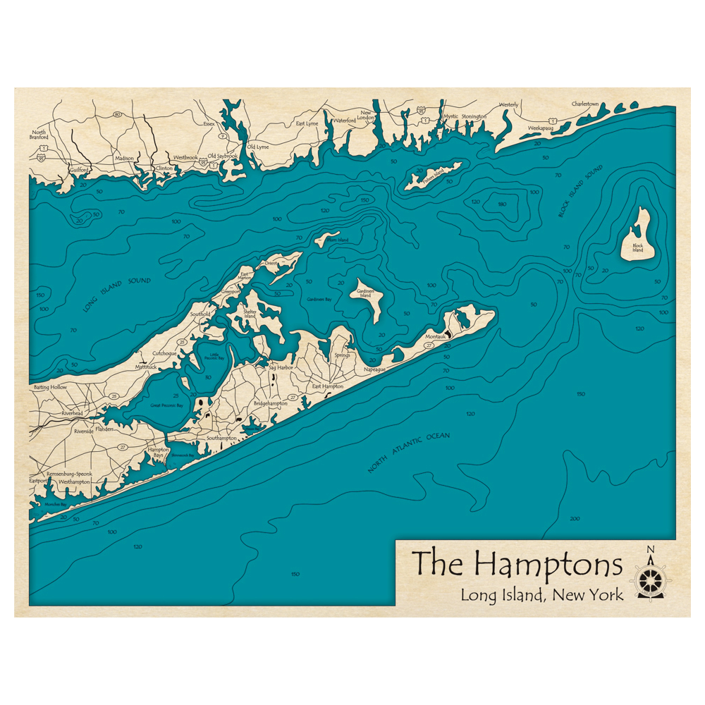 Bathymetric topo map of The Hamptons, NY with roads, towns and depths noted in blue water.