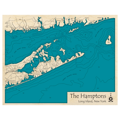 Bathymetric topo map of The Hamptons, NY with roads, towns and depths noted in blue water.