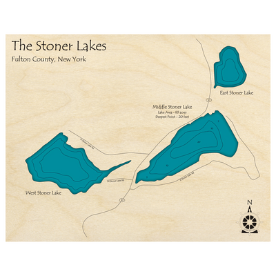 Bathymetric topo map of The Stoner Lakes, NY with roads, towns and depths noted in blue water.