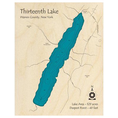 Bathymetric topo map of Thirteenth Lake, NY with roads, towns and depths noted in blue water.