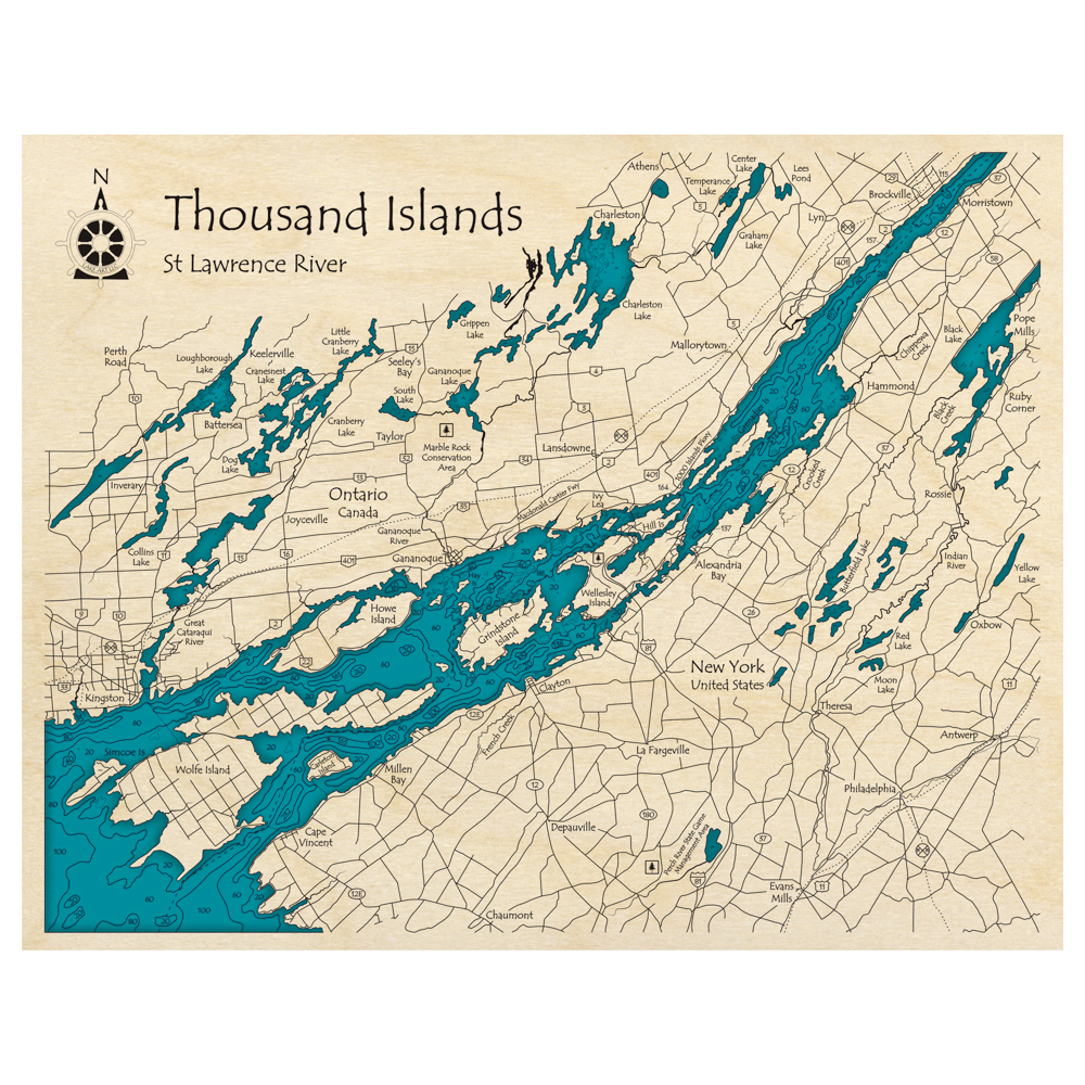 Bathymetric topo map of Thousand Islands (ON, NY) with roads, towns and depths noted in blue water.