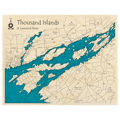 Bathymetric topo map of Thousand Islands (ON, NY) with roads, towns and depths noted in blue water.