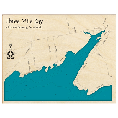 Bathymetric topo map of Three Mile Bay, NY with roads, towns and depths noted in blue water.