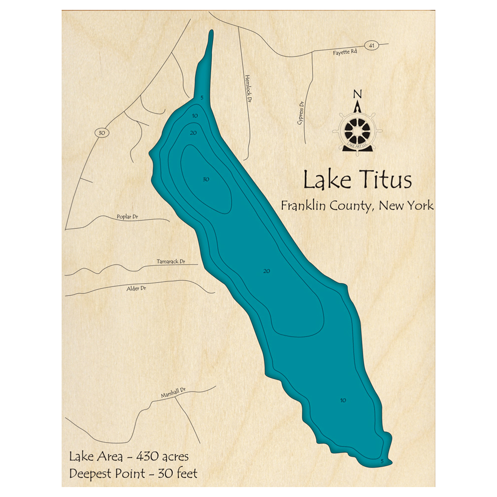 Bathymetric topo map of Lake Titus, NY with roads, towns and depths noted in blue water.