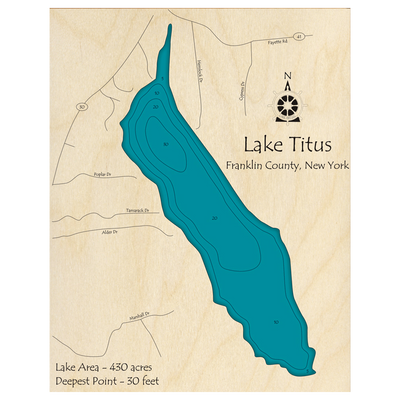 Bathymetric topo map of Lake Titus, NY with roads, towns and depths noted in blue water.
