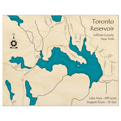 Bathymetric topo map of Toronto Reservoir, NY with roads, towns and depths noted in blue water.