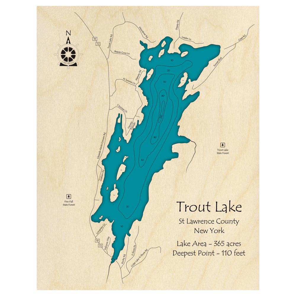 Bathymetric topo map of Trout Lake, NY with roads, towns and depths noted in blue water.