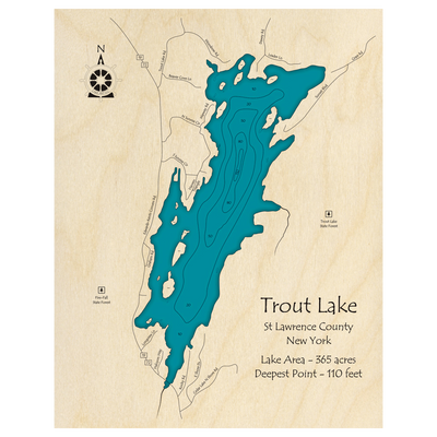 Bathymetric topo map of Trout Lake, NY with roads, towns and depths noted in blue water.