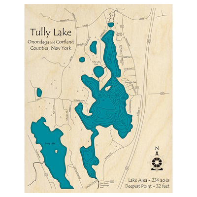 Bathymetric topo map of Tully Lake, NY with roads, towns and depths noted in blue water.
