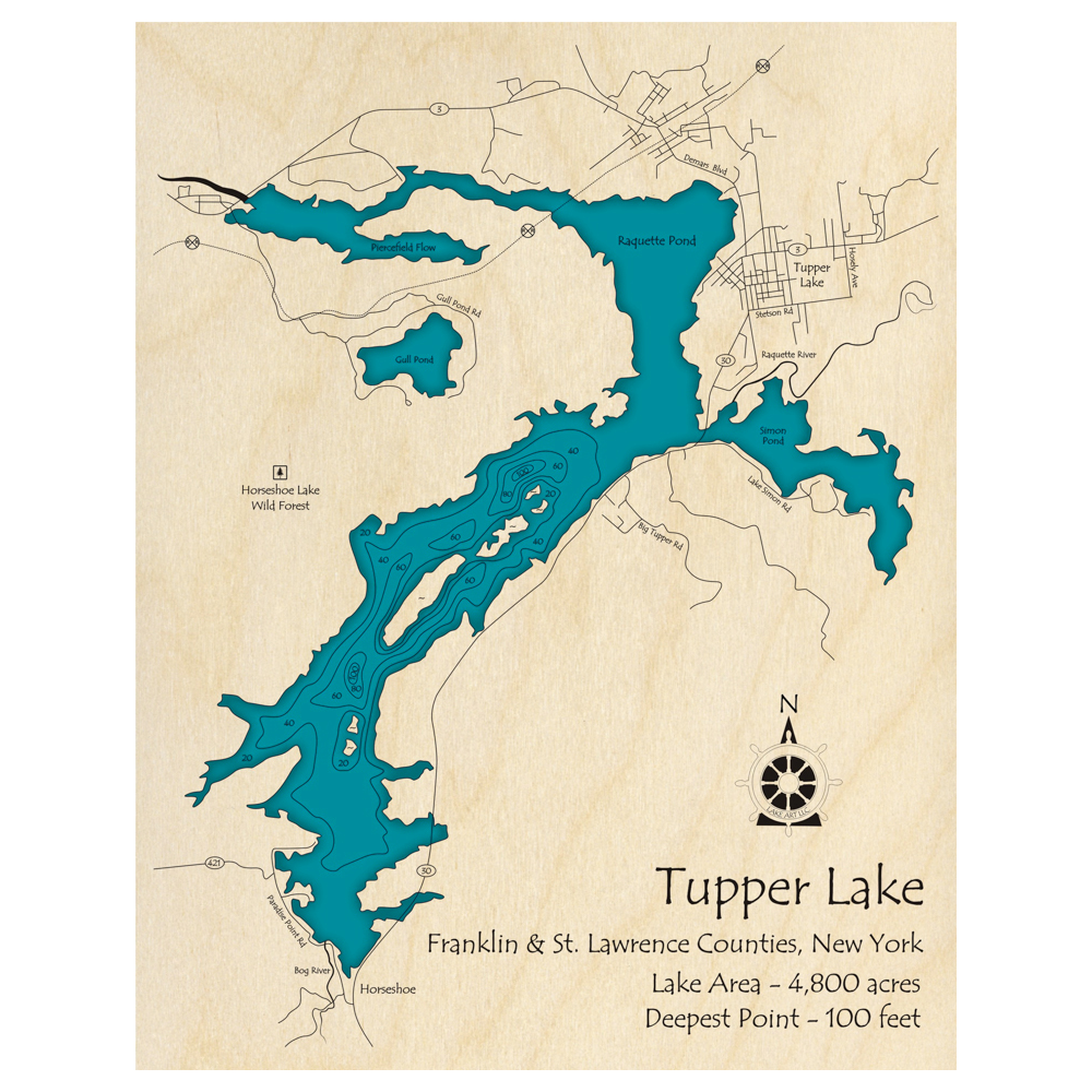 Bathymetric topo map of Tupper Lake, NY with roads, towns and depths noted in blue water.