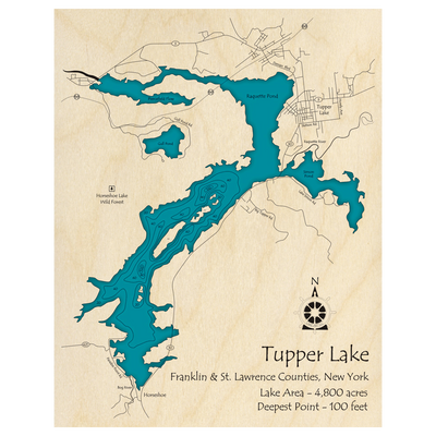 Bathymetric topo map of Tupper Lake, NY with roads, towns and depths noted in blue water.