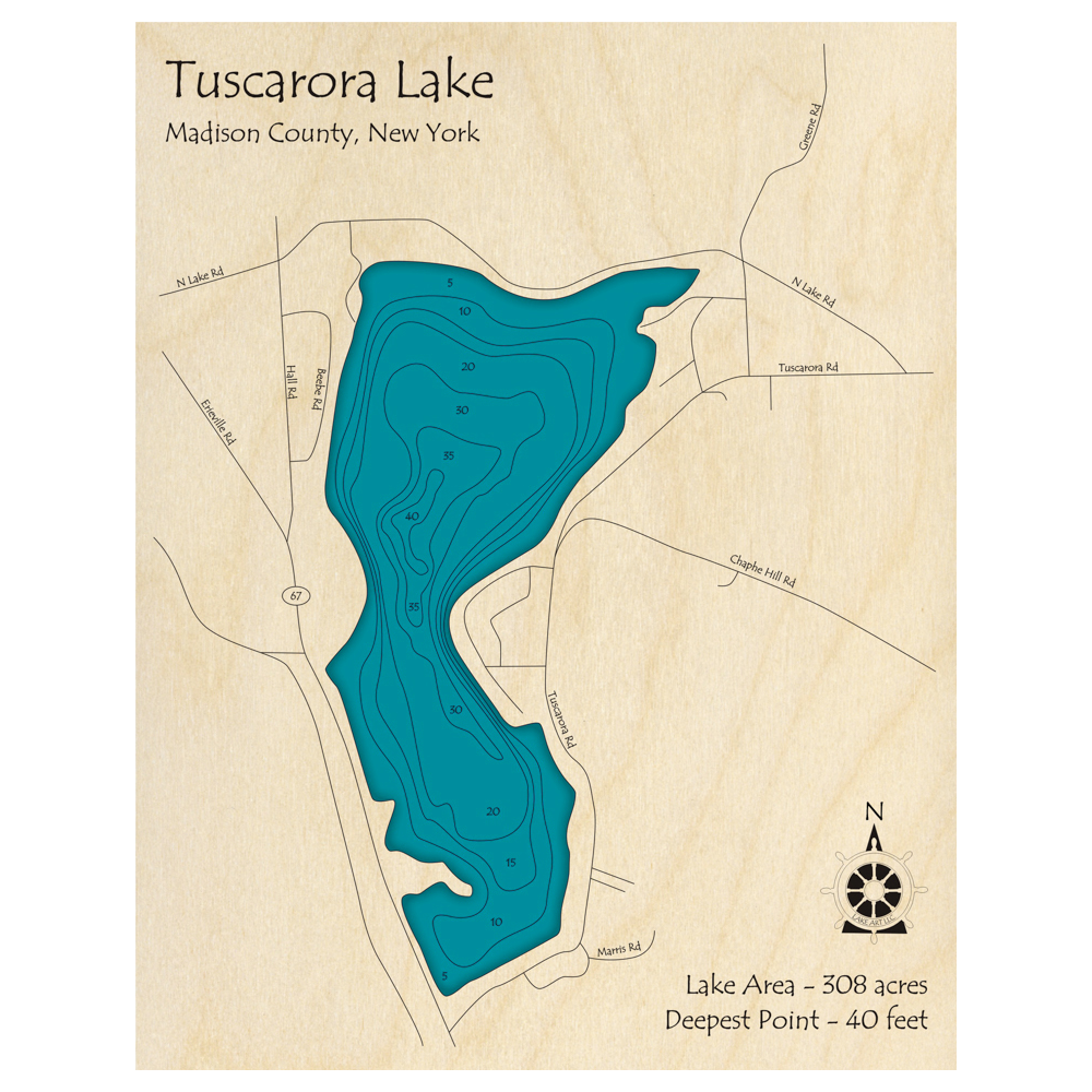 Bathymetric topo map of Tuscarora Lake, NY with roads, towns and depths noted in blue water.