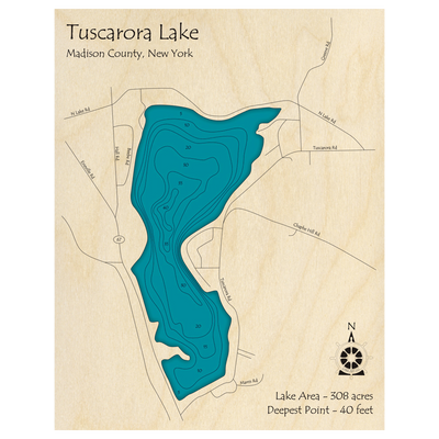 Bathymetric topo map of Tuscarora Lake, NY with roads, towns and depths noted in blue water.