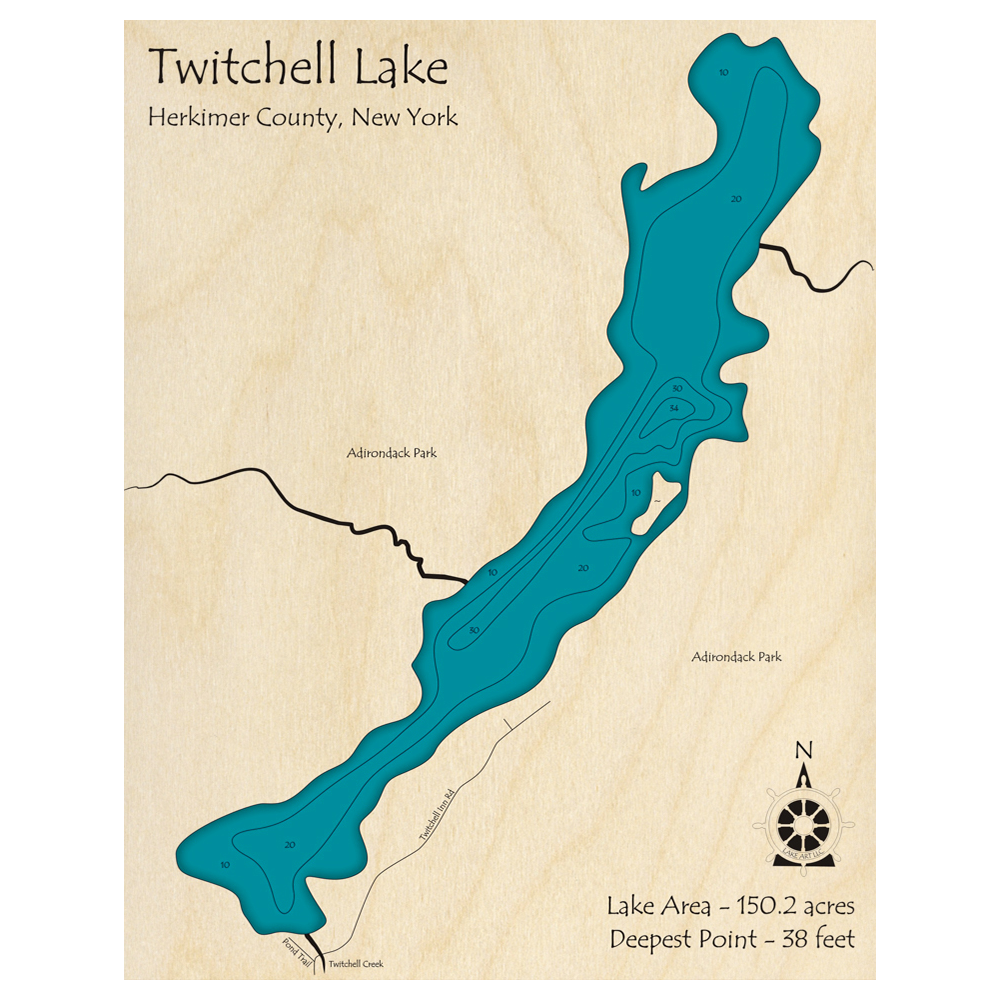 Bathymetric topo map of Twitchell Lake, NY with roads, towns and depths noted in blue water.
