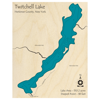 Bathymetric topo map of Twitchell Lake, NY with roads, towns and depths noted in blue water.