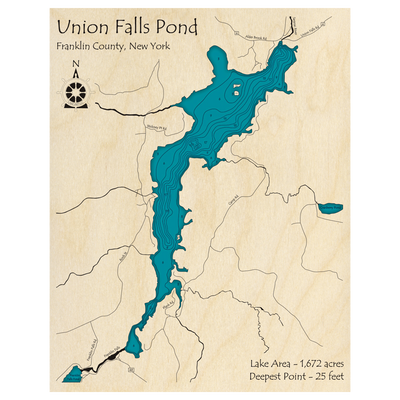 Bathymetric topo map of Union Falls Pond, NY with roads, towns and depths noted in blue water.