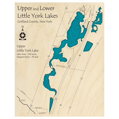 Bathymetric topo map of Upper and Lower Little York Lakes, NY with roads, towns and depths noted in blue water.