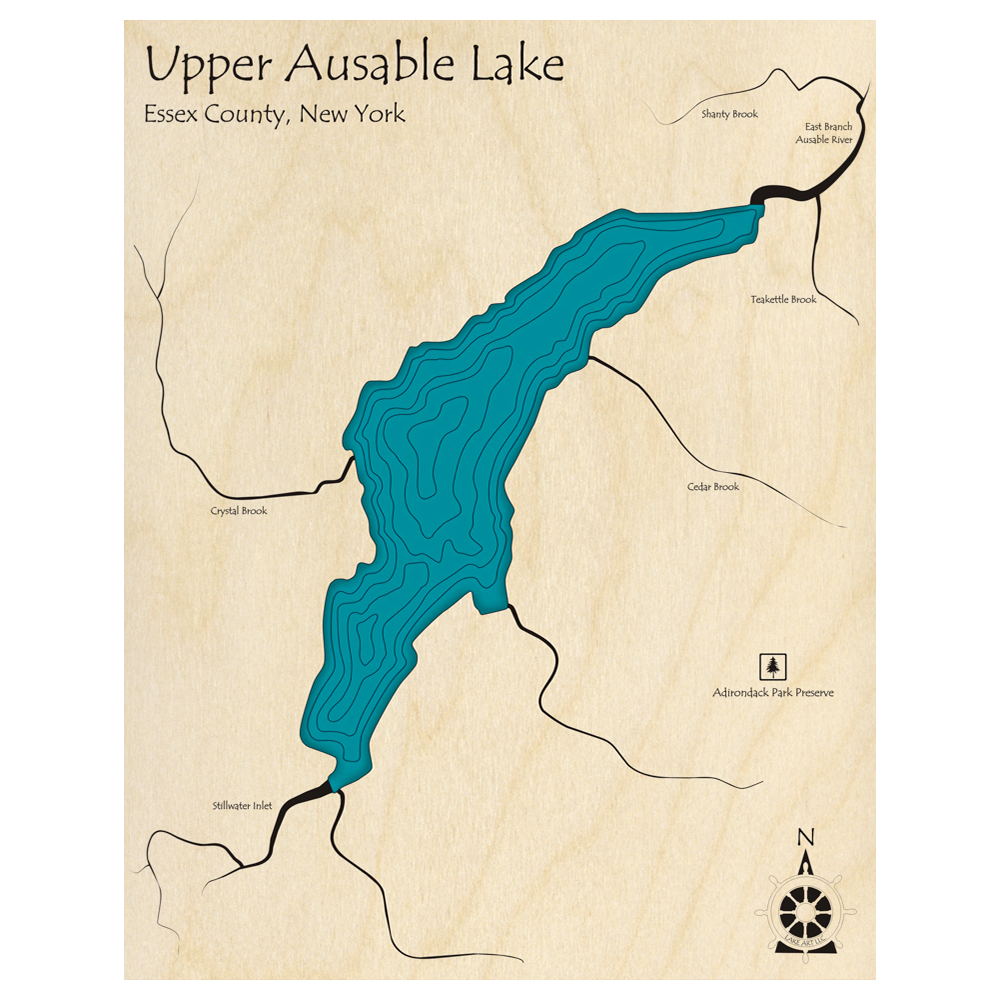 Bathymetric topo map of Upper Ausable Lake, NY with roads, towns and depths noted in blue water.