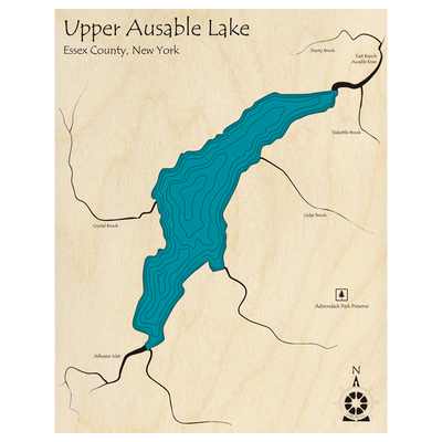 Bathymetric topo map of Upper Ausable Lake, NY with roads, towns and depths noted in blue water.