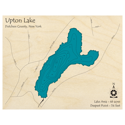Bathymetric topo map of Upton Lake, NY with roads, towns and depths noted in blue water.