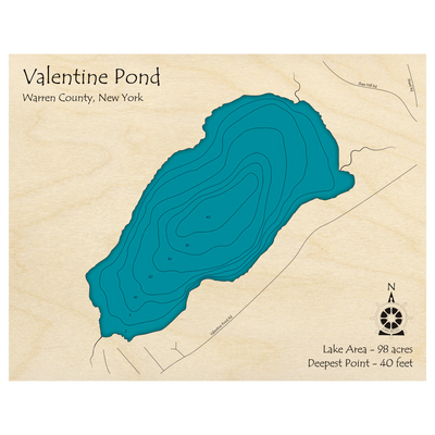 Bathymetric topo map of Valentine Pond, NY with roads, towns and depths noted in blue water.