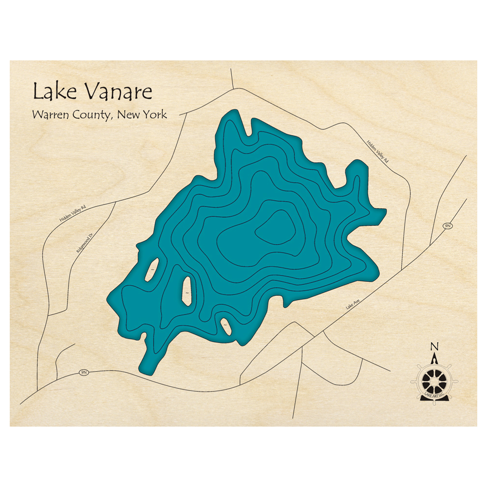 Bathymetric topo map of Lake Vanare, NY with roads, towns and depths noted in blue water.