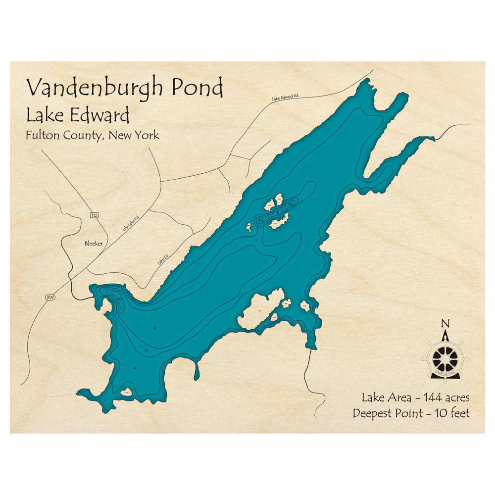 Bathymetric topo map of Vandenburgh Pond, NY with roads, towns and depths noted in blue water.