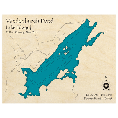 Bathymetric topo map of Vandenburgh Pond, NY with roads, towns and depths noted in blue water.