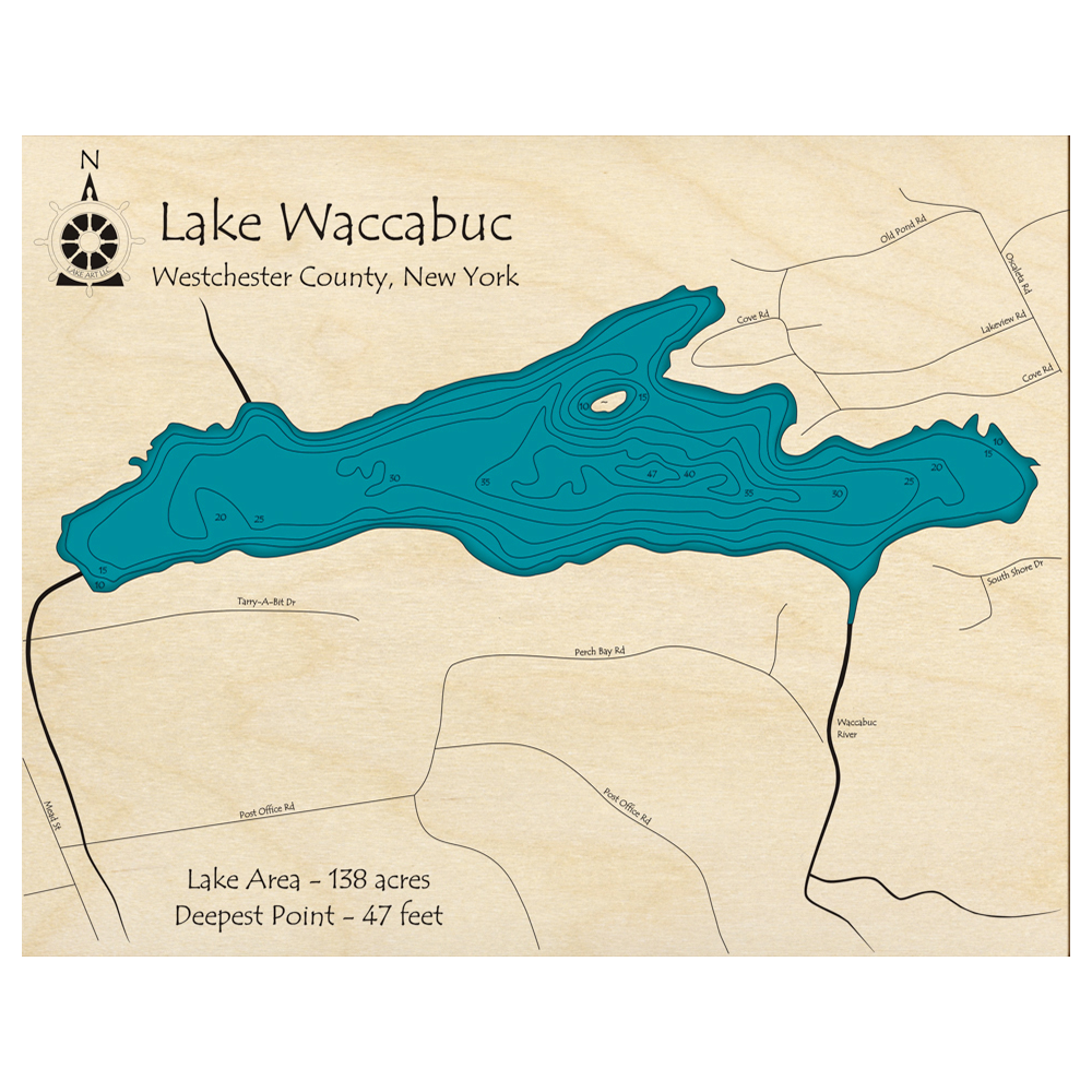 Bathymetric topo map of Lake Waccabuc, NY with roads, towns and depths noted in blue water.