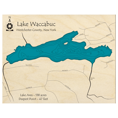 Bathymetric topo map of Lake Waccabuc, NY with roads, towns and depths noted in blue water.