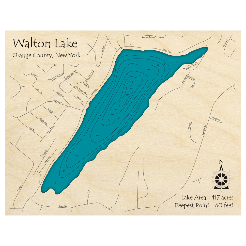 Bathymetric topo map of Walton Lake, NY with roads, towns and depths noted in blue water.