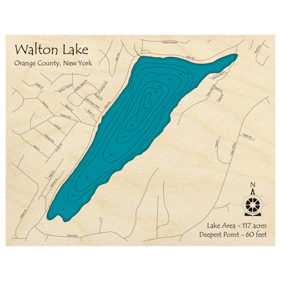 Bathymetric topo map of Walton Lake, NY with roads, towns and depths noted in blue water.