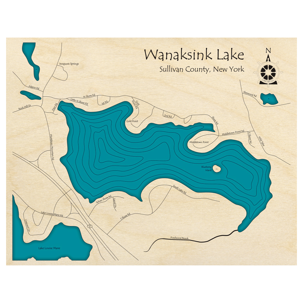 Bathymetric topo map of Wanaksink Lake, NY with roads, towns and depths noted in blue water.