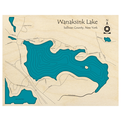 Bathymetric topo map of Wanaksink Lake, NY with roads, towns and depths noted in blue water.