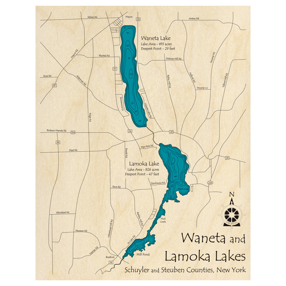 Bathymetric topo map of Waneta and Lamoka Lakes, NY with roads, towns and depths noted in blue water.