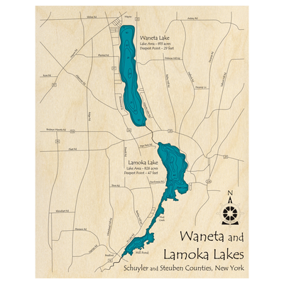 Bathymetric topo map of Waneta and Lamoka Lakes, NY with roads, towns and depths noted in blue water.
