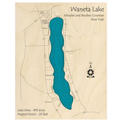 Bathymetric topo map of Waneta Lake, NY with roads, towns and depths noted in blue water.