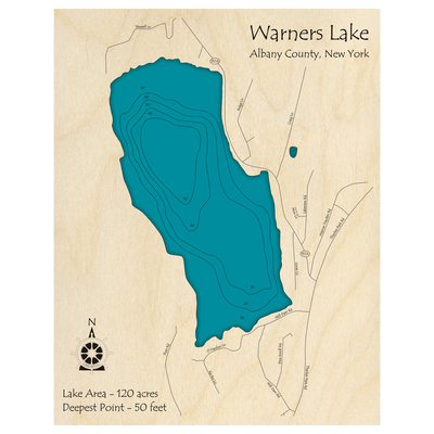 Bathymetric topo map of Warners Lake, NY with roads, towns and depths noted in blue water.