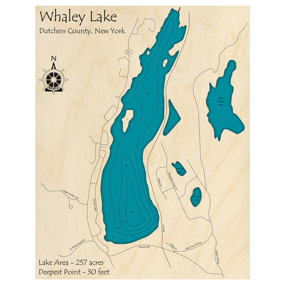 Bathymetric topo map of Whaley Lake, NY with roads, towns and depths noted in blue water.
