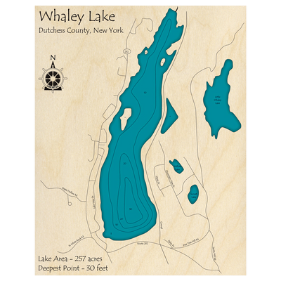 Bathymetric topo map of Whaley Lake, NY with roads, towns and depths noted in blue water.