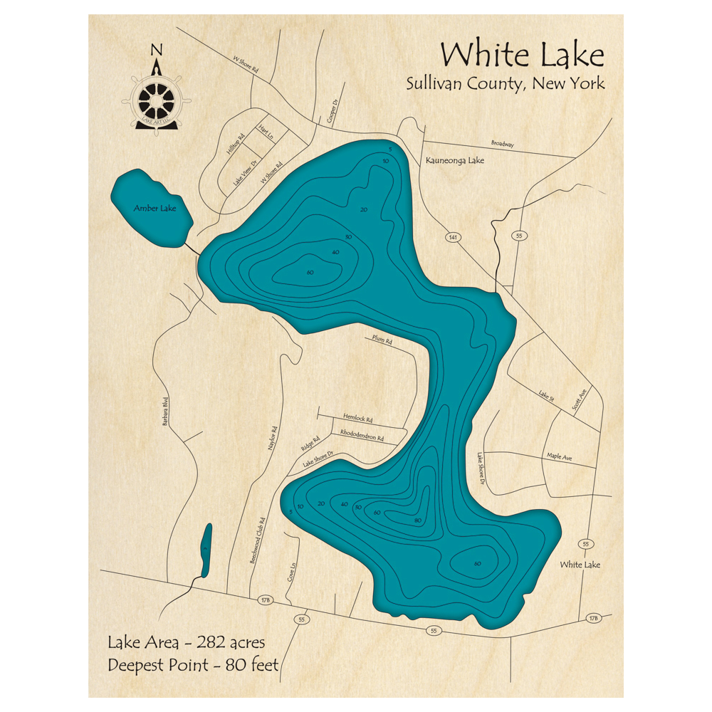 Bathymetric topo map of White Lake, NY with roads, towns and depths noted in blue water.