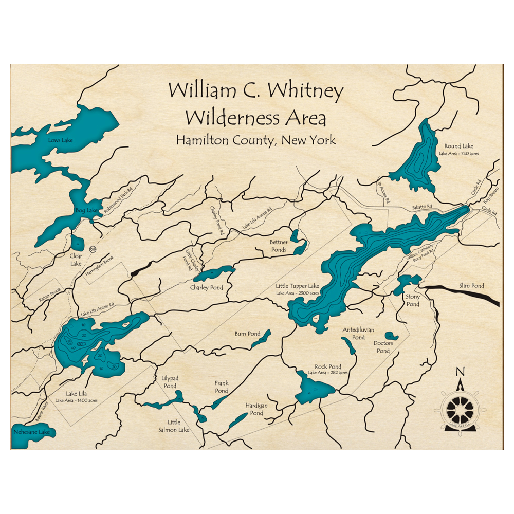 Bathymetric topo map of William C Whitney Wilderness Area, NY with roads, towns and depths noted in blue water.